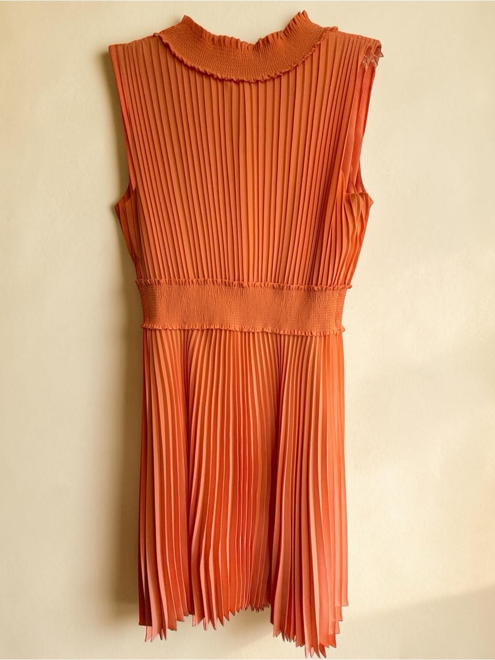 Nanette Lepore Vivid Coral Pleated Midi Dress 14 Smocked High Neck